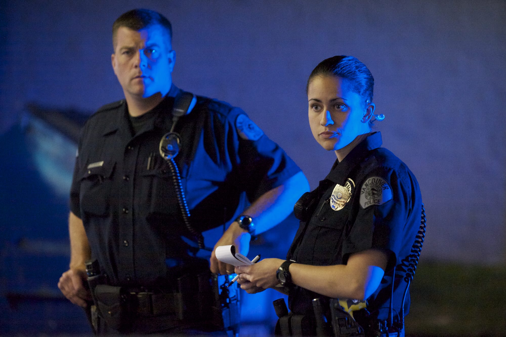 New VPD Officer Katie Endresen works with her field training officer Tom Topaum during the graveyard shift Wednesday.