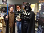 Shahala Middle School: Visiting author and Shakespeare wannabe Ian Doescher, center, with Jedi Master (and teacher-librarian) Paul Warner, left.