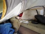 A homeless person presumably slept inside this tent along the banks of Tenney Creek off Highway 99 in Hazel Dell before abandoning the site.