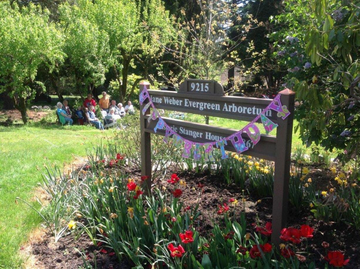 Friends of the Jane Weber Evergreen Auditorium gather for a recent celebration.