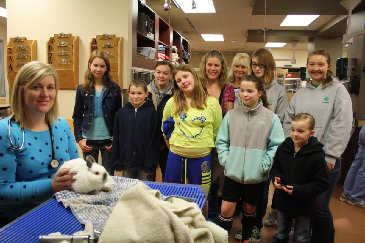 The Country Critters 4-H Rabbit Club learn all things rabbit from veterinarian Alayson Phelps, left, during a 2013 tour of VCA East Mill Plain Animal Hospital.