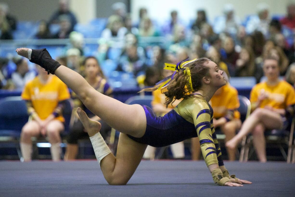 Columbia River's Kenzie Moxley, competing on the floor excercise, helped the Chieftains to a fifth place finish last year at the state gymnastics meet in Tacoma.