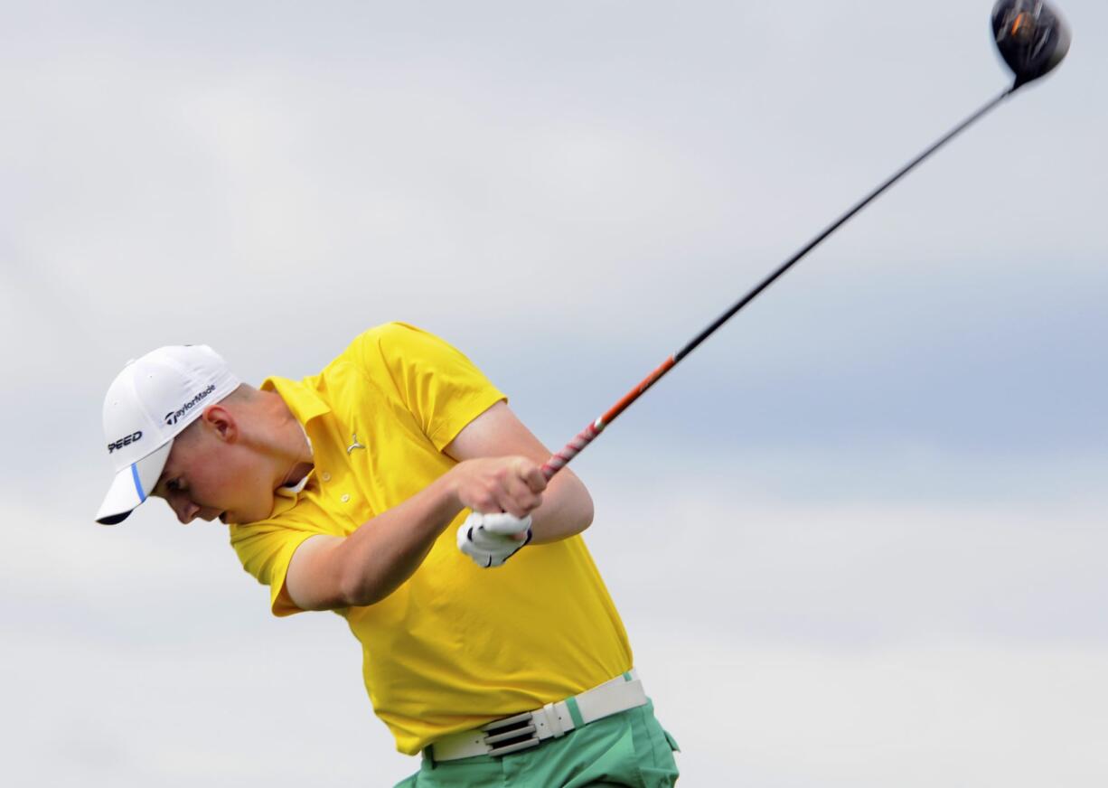 Spencer Tibbits of Fort Vancouver High competes in the 3A boys state golf tournament at the Tri Mountain Golf Course in Ridgefield Wa., Wednesday May 28, 2014.