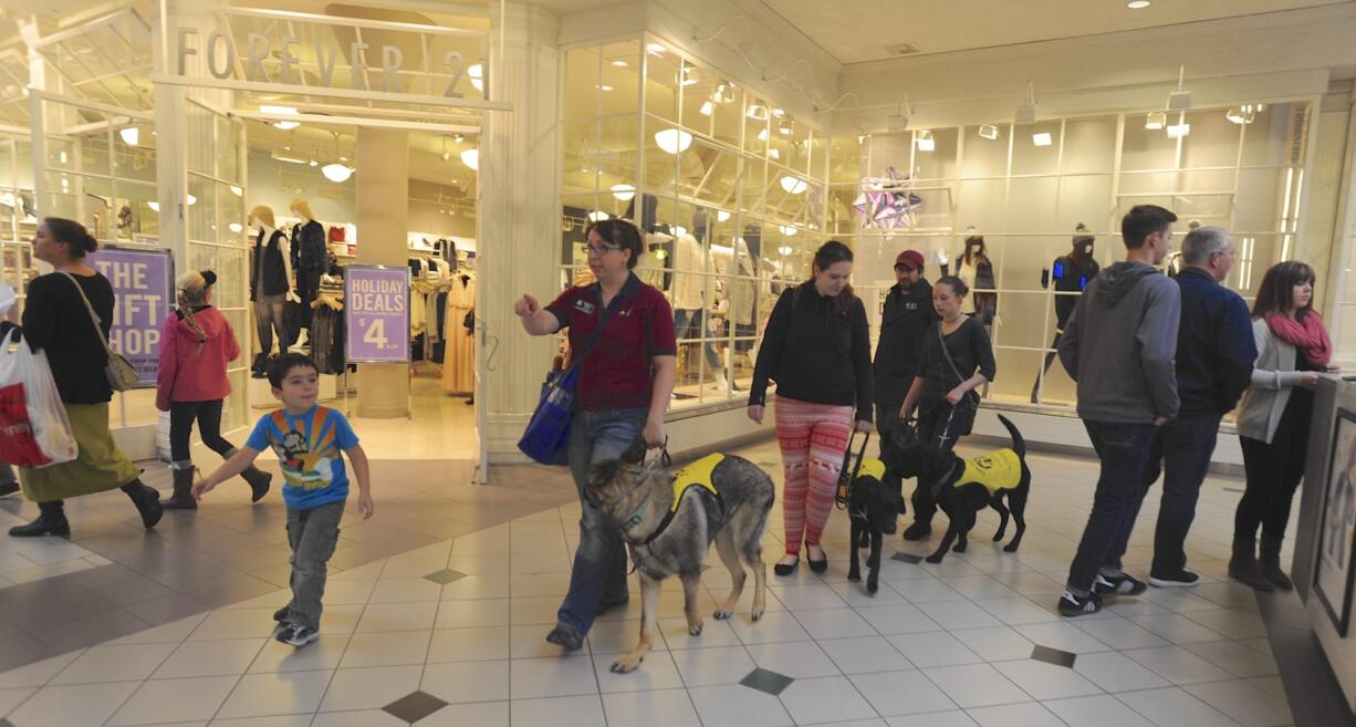 Becca Khalil, center, with her son Adrian, at left, leads Izaac, a service dog in training, during an exercise earlier this month at Westfield Vancouver mall.