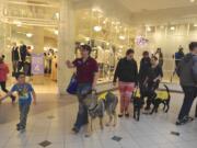 Becca Khalil, center, with her son Adrian, at left, leads Izaac, a service dog in training, during an exercise earlier this month at Westfield Vancouver mall.