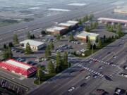 An artist's rendering shows the vision of a planned redevelopment of about 4.4 acres on the west side of Northeast Highway 99. The property now includes a McDonald's, the Steakburger restaurant and its miniature golf course and a building now occupied by the Salvation Army, but owned by Fred Meyer, all of which will be demolished.