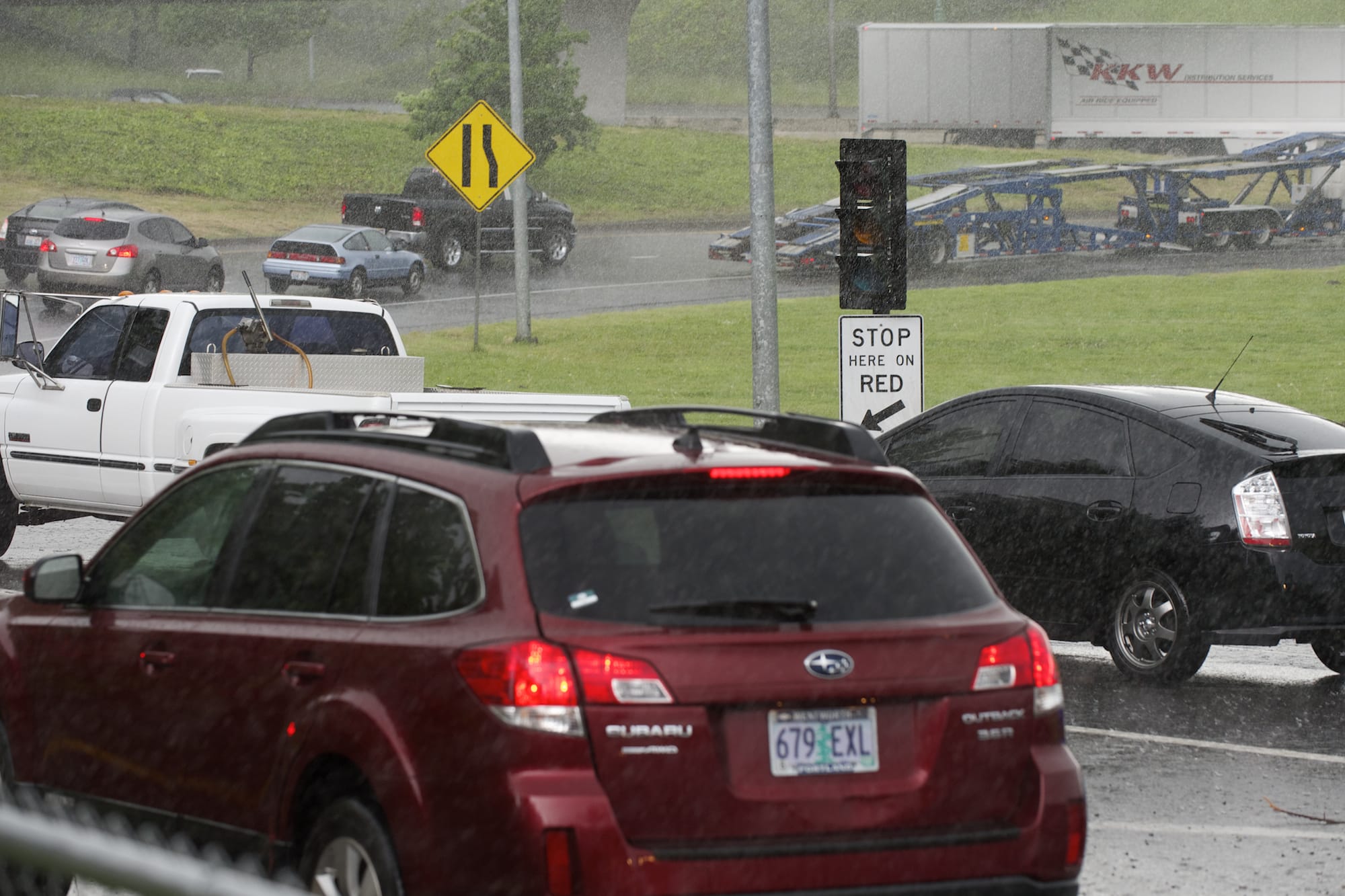 Photos by Steven Lane/The Columbian
Cars merge onto southbound Interstate 5 from westbound state Highway 14 in Vancouver on Friday, past the only freeway ramp meter in Clark County. Regional planners have floated the idea of adding meters among possible small fixes to ease congestion along the Interstate 205 corridor.