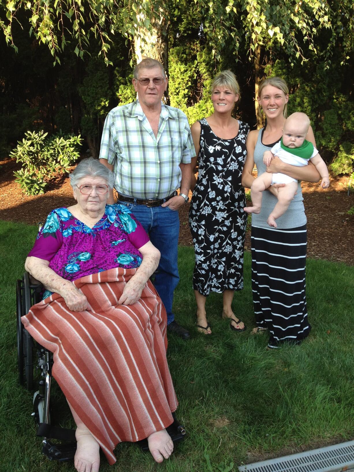 Great-great-grandmother Mildred Becker, 91, of Vancouver, left, is shown in a five-generation photo taken recently.