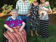 Great-great-grandmother Mildred Becker, 91, of Vancouver, left, is shown in a five-generation photo taken recently.