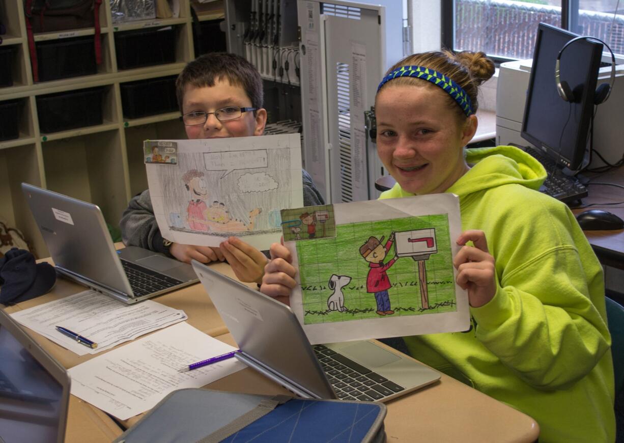 Ridgefield: South Ridge Elementary School sixth-graders Jacob Thompson and Grace Melbuer show off how they used skills they picked up in advanced math class to enlarge drawings to scale.