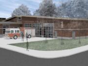 Artist's rendering of the apparatus bay at the new fire station planned for Uptown Village at Northeast Fourth Plain Boulevard and Main Street in Vancouver.