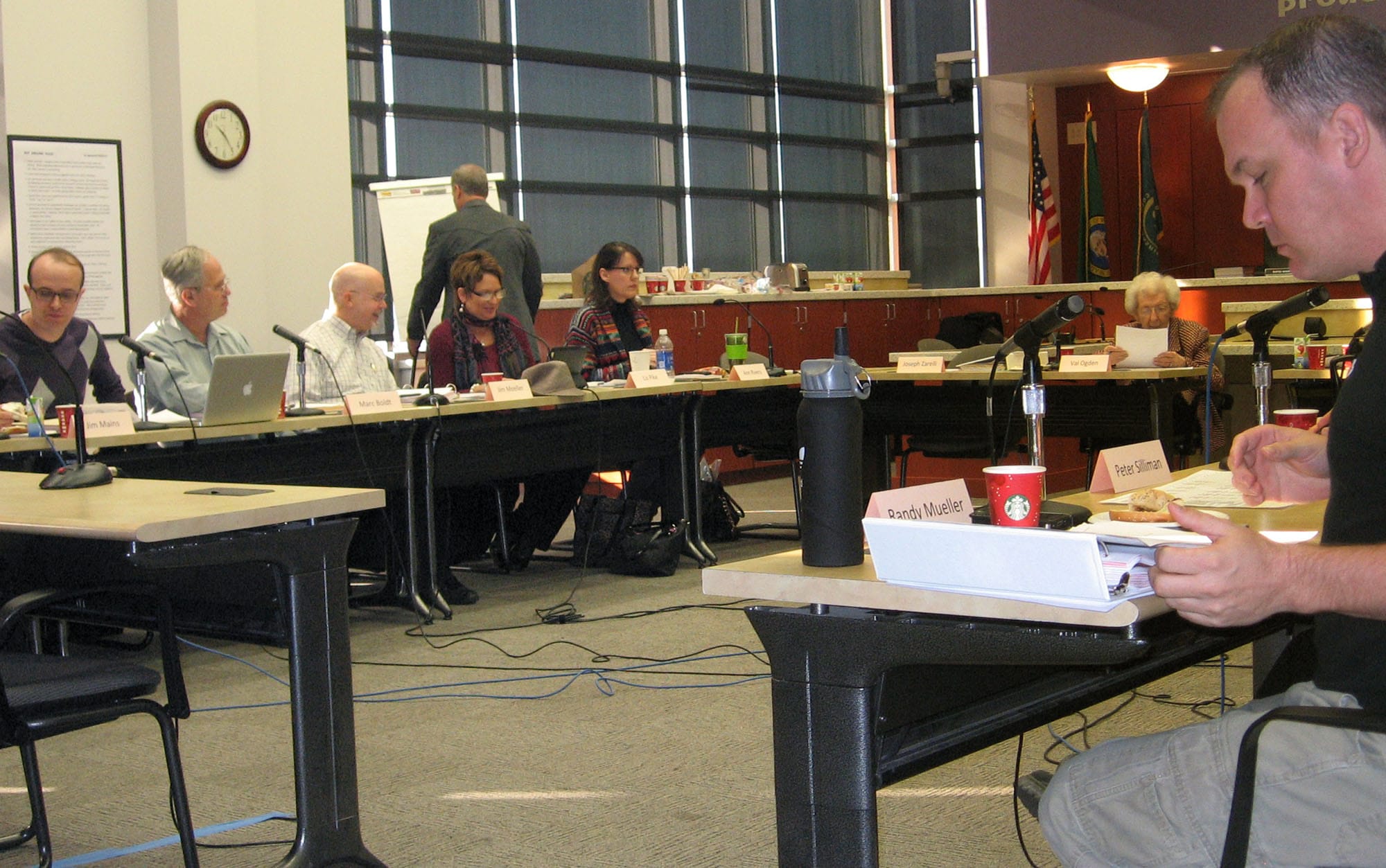 Freeholders discuss the merits of an elected county executive at a meeting in late January in the Public Service Center in downtown Vancouver.