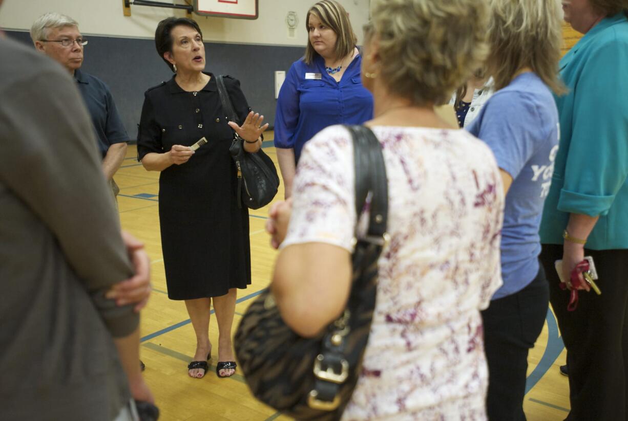 Founder and President of Shared Hope International Linda Smith talks to a group after students at La Center High School viewed a documentary called Chosen, about sex trafficking, which was produced by Shared Hope International on April 26, 2013.