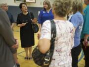 Founder and President of Shared Hope International Linda Smith talks to a group after students at La Center High School viewed a documentary called Chosen, about sex trafficking, which was produced by Shared Hope International on April 26, 2013.