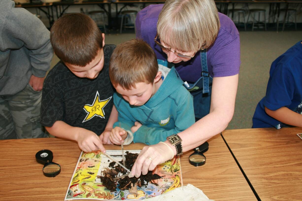 Yacolt: Washington State University master gardener volunteer Maureen Humbert helps first-graders at Yacolt Primary School look through compost for worms in April.