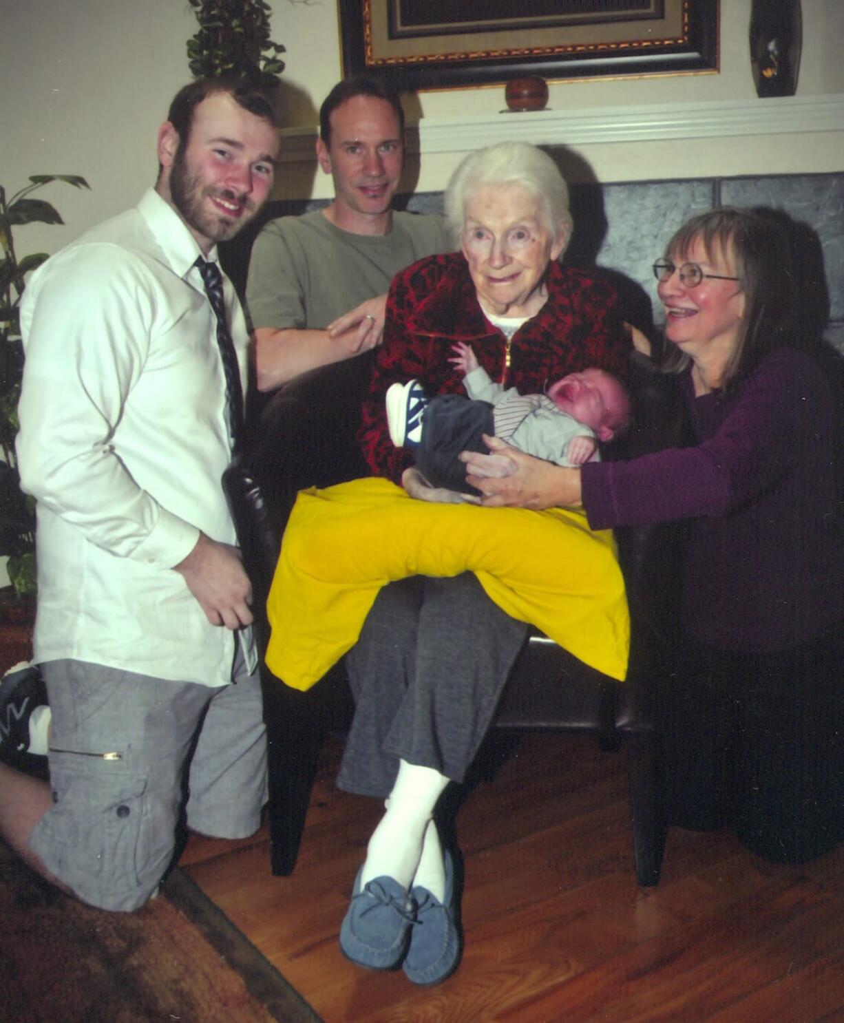 Anna Titzler, 97, of Vancouver, holds her great-great-grandson, Landon Cain, 9 days old, in a five-generation photo taken in January.