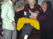 Anna Titzler, 97, of Vancouver, holds her great-great-grandson, Landon Cain, 9 days old, in a five-generation photo taken in January.