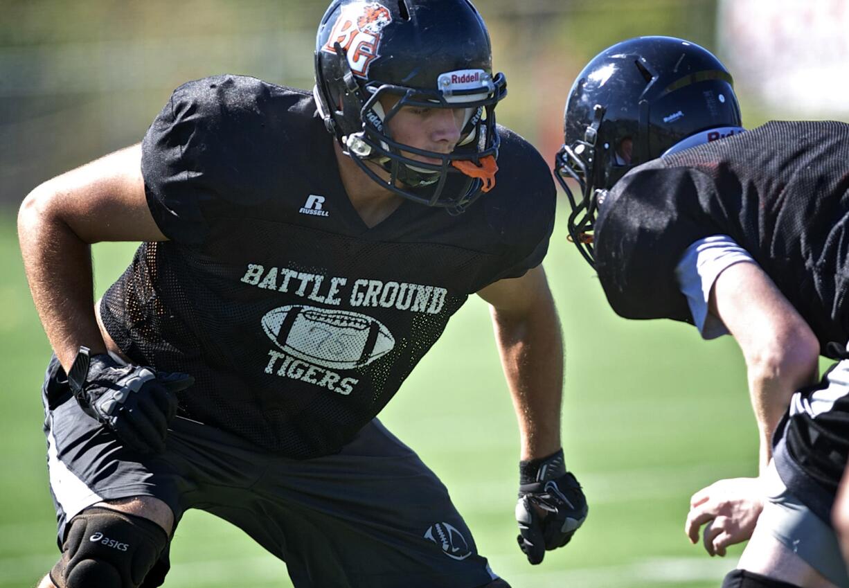 Zachary Kaufman/The Columbian
Battle Ground coach Larry Peck calls offensive lineman Andrew Johnson &quot;the prototypical kid every coach wants in a program. He is mature beyond his age.&quot;