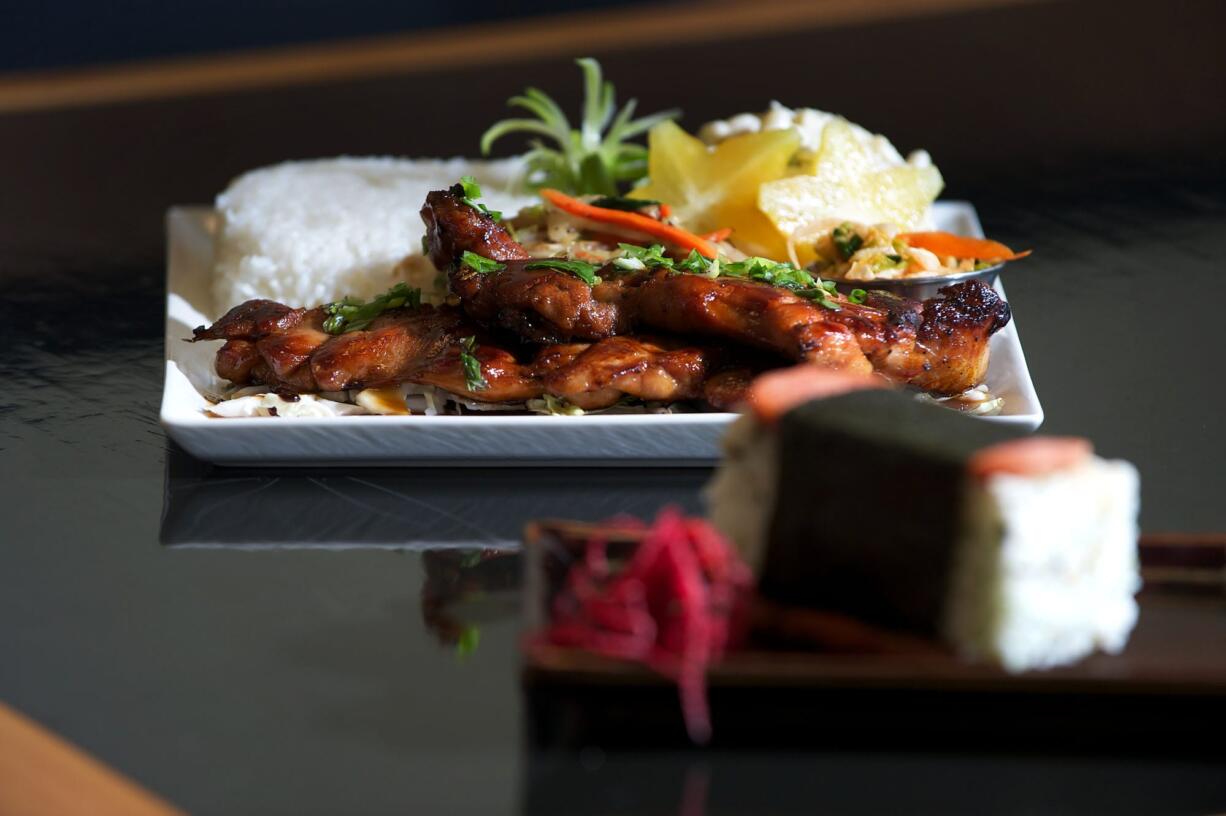 The chicken teriyaki and Spam musubi is served June 13 at the Kiawe Island Bistro in Vancouver.