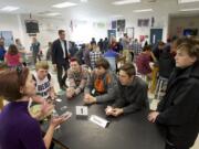 WSUV biology graduate student Elizabeth Whitney speaks to a group of students Friday during a speed networking event at Skyview High School on Friday.