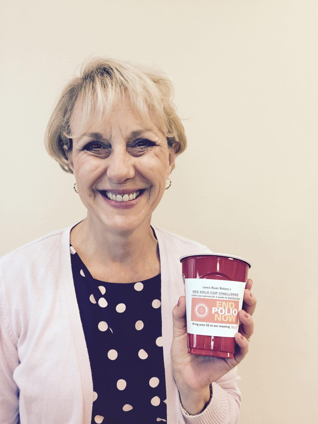 Battle Ground: New Lewis River Rotary President Nancy Miller issued a Solo-Cup challenge to each member of the organization, collecting coins to donate to Rotary International's Polio Plus Campaign.