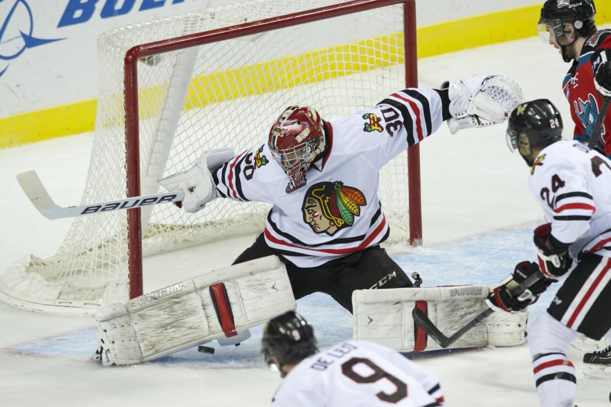 Portland goalie Corbin Boes makes one of his 31 saves Wednesday against Kelowna.