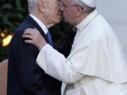 Associated Press
Pope Francis and Israel's President Shimon Peres, left, greet during an evening of peace prayers with Palestinian President Mahmoud Abbas in the Vatican gardens Sunday.