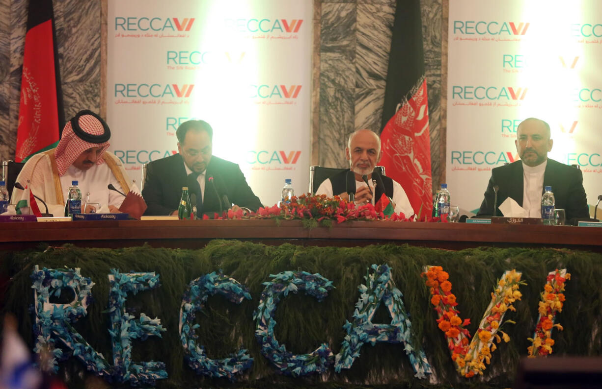 Afghan President Ashraf Ghani, second right, listens during the 6th Regional Economic Cooperation Conference of Afghanistan at the foreign affairs ministry in Kabul, Afghanistan, on Friday.