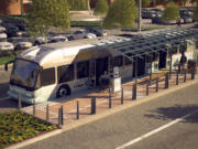 A Bus Rapid Transit vehicle stops at the median of Fort Vancouver Way at Clark College in this artist's rendition of C-Tran's proposed system.