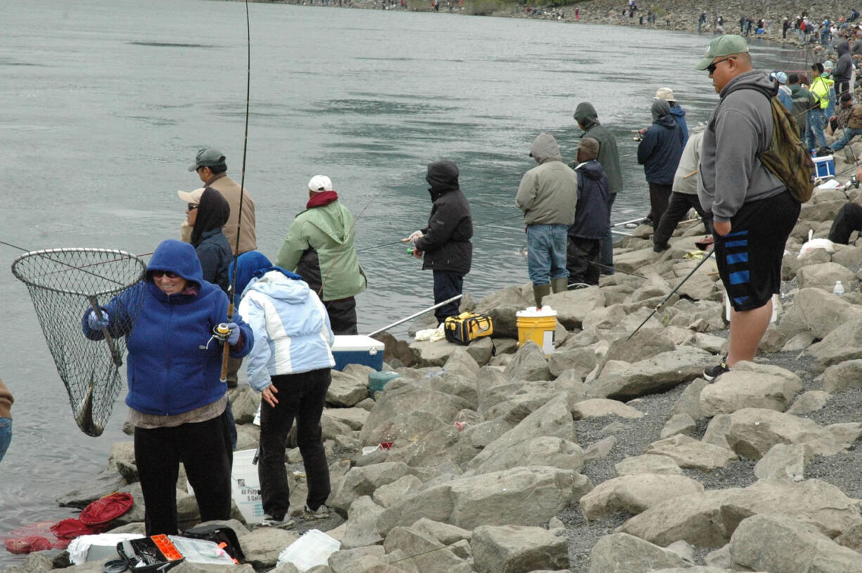 Anglers line up elbow-to-elbow  at Bonneville Dam in pursuit of shad.