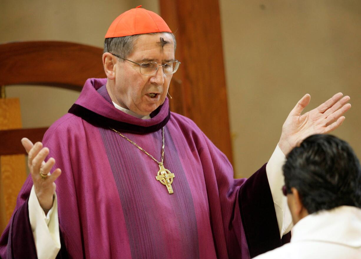 Cardinal Roger Mahony officiates during Ash Wednesday services at the Cathedral of Our Lady of the Angels in Los Angeles in 2008.