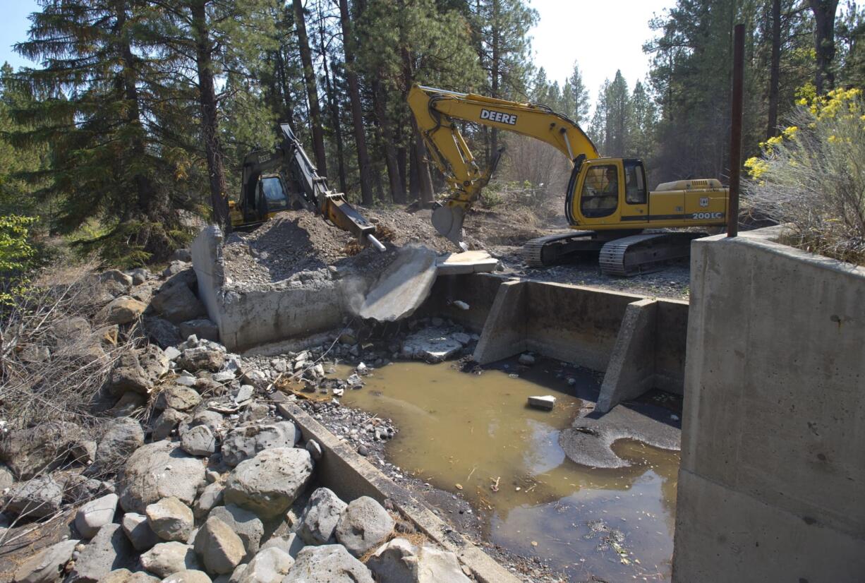 Ron Bussard, left, and Jim Ray carefully remove a section of the last dam on Whychus Creek on Monday on Pine Meadow Ranch in Sisters, Ore.