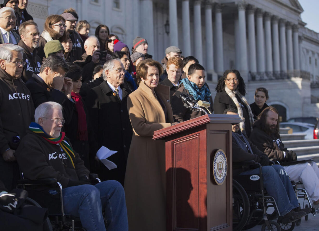 House Minority Leader Nancy Pelosi, D-Calif., at the podium, calls for action on immigration reform on Capitol Hill in Washington with other lawmakers and activists in December.