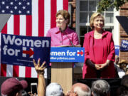 Democratic presidential candidate Hillary Rodham Clinton, right, is endorsed by Sen. Jeanne Shaheen, D-N.H., left, during the kick-off event for New Hampshire Women for Hillary in Portsmouth, N.H.,  Saturday, Sept. 5, 2015.