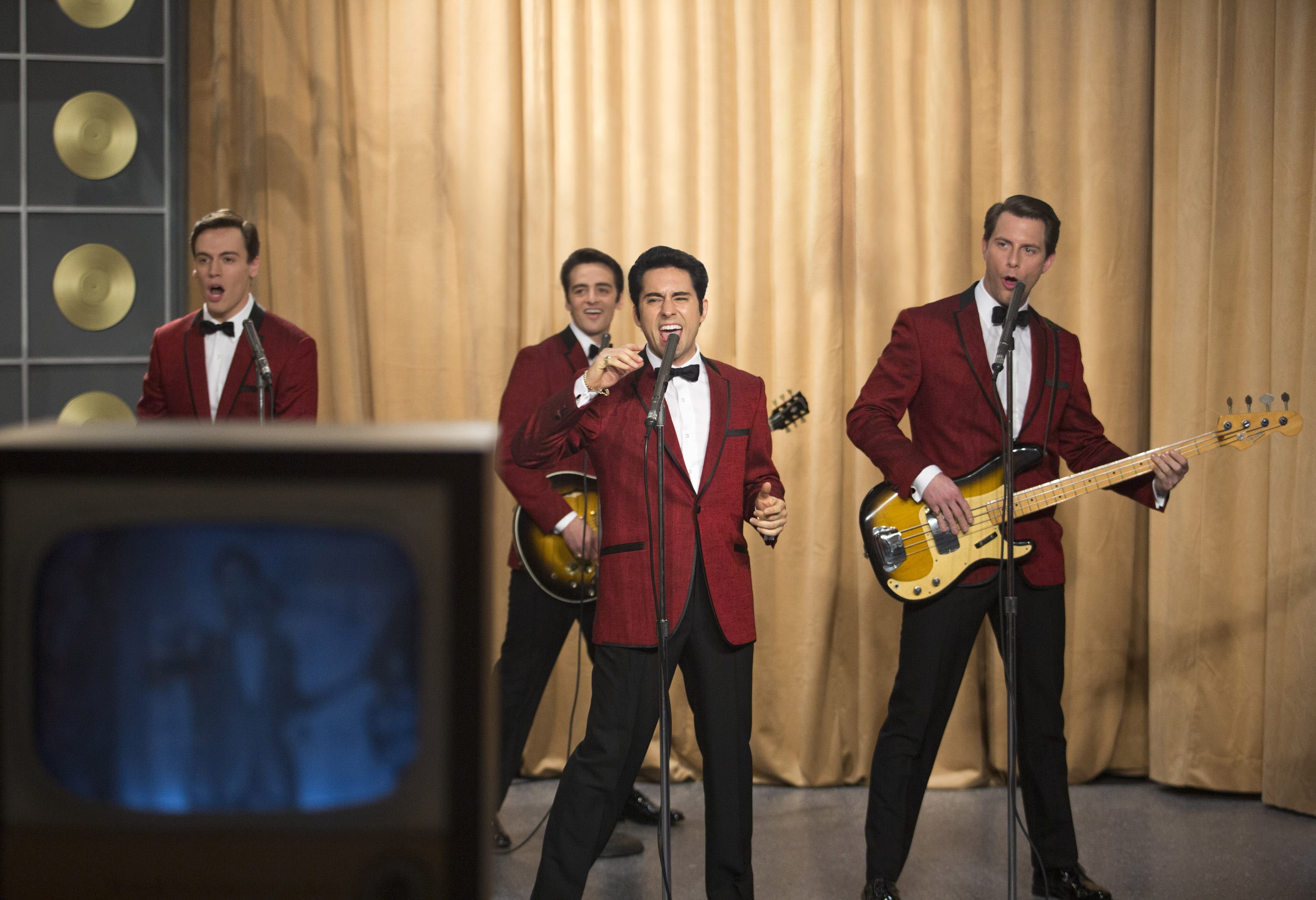 John Lloyd Young, center, plays Frankie Valli, along with Erich Bergen, from left, Vincent Piazza and Michael Lomenda in &quot;Jersey Boys.&quot;