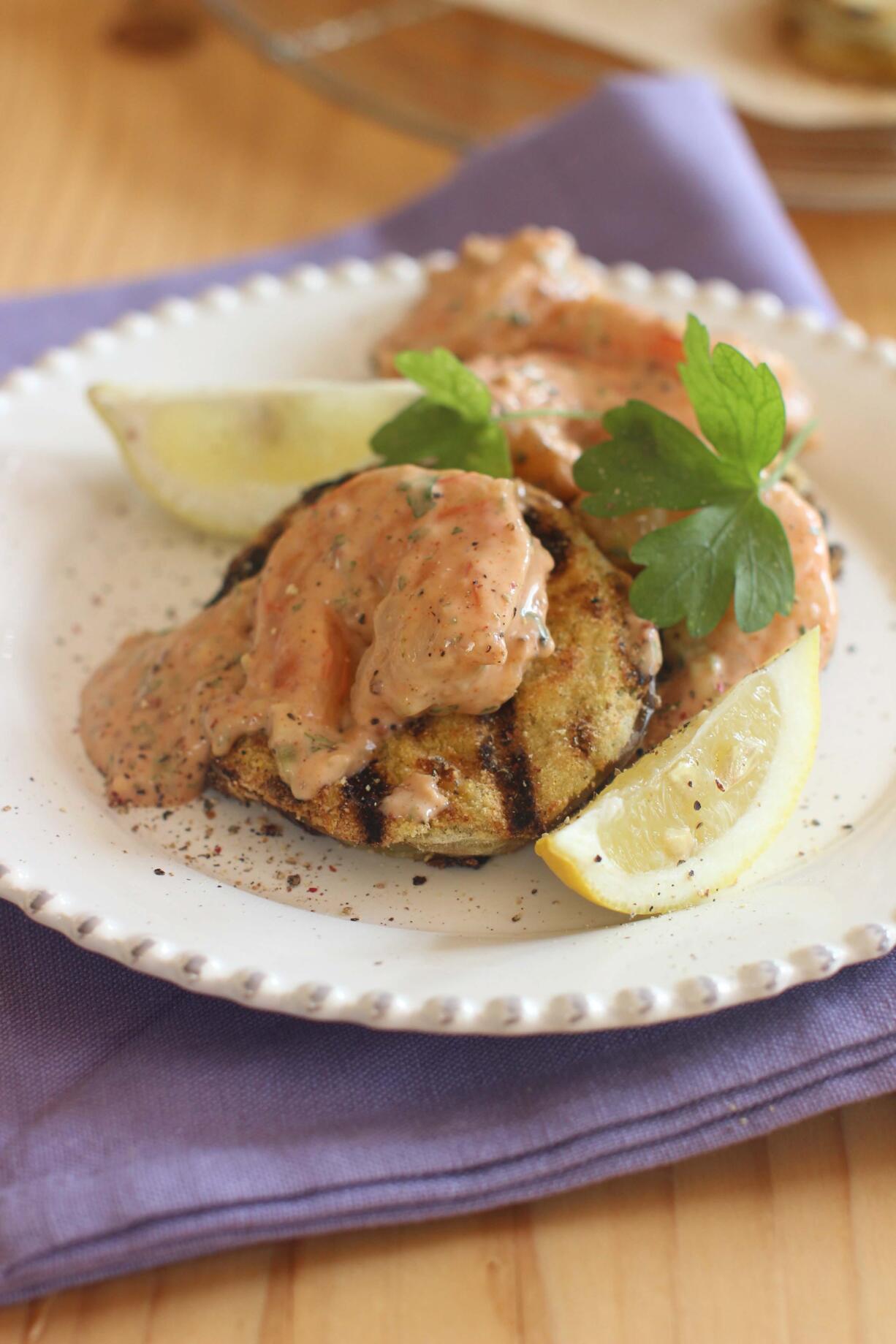 Grilled green tomatoes with shrimp remoulade.