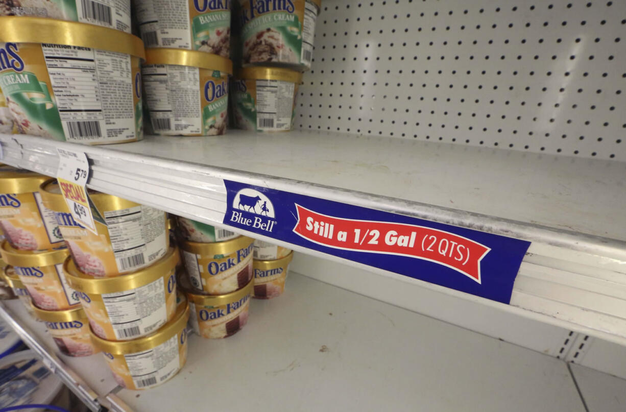 FILE - In this April 21, 2015 file photo, shelves sit empty of Blue Bell ice cream at a grocery store in Dallas afterTexas-based Blue Bell Creameries issued a voluntary recall for all of its products on the market after two samples of chocolate chip cookie dough ice cream tested positive for Listeriosis. Food manufacturers must be more vigilant about keeping their operations clean under new government safety rules released Thursday in the wake of deadly foodborne illness outbreaks linked to ice cream, caramel apples, cantaloupes and peanuts.