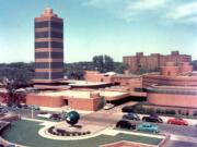 This photo taken around 1955 provides an aerial view of the SC Johnson Research Tower designed by Frank Lloyd Wright, in Racine, Wis.