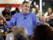 Republican presidential candidate former Florida Gov. Jeb Bush speaks to employees at Foss Manufacturing during campaign stop in Hampton, N.H.