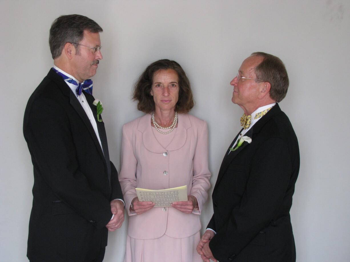 Episcopal  Dioceses of New Hampshire
Mark Andrew, left, and Bishop V. Gene Robinson are shown June 7, 2008, during their private civil union ceremony in Concord, N.H.