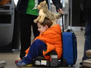 David Welborn, 7, sits in the lost luggage line at the Delta Airlines desk at RDU International Airport on Tuesday. With his trusty dog &quot;Wolfbaby&quot; perched on his head, he was with his mother and about 15 other people trying to find their bags after a cross country flight from Washington State. They were headed to Kinston, N.C.