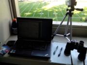 The work space of the a prep football reporter from Kiggins Bowl on Friday.