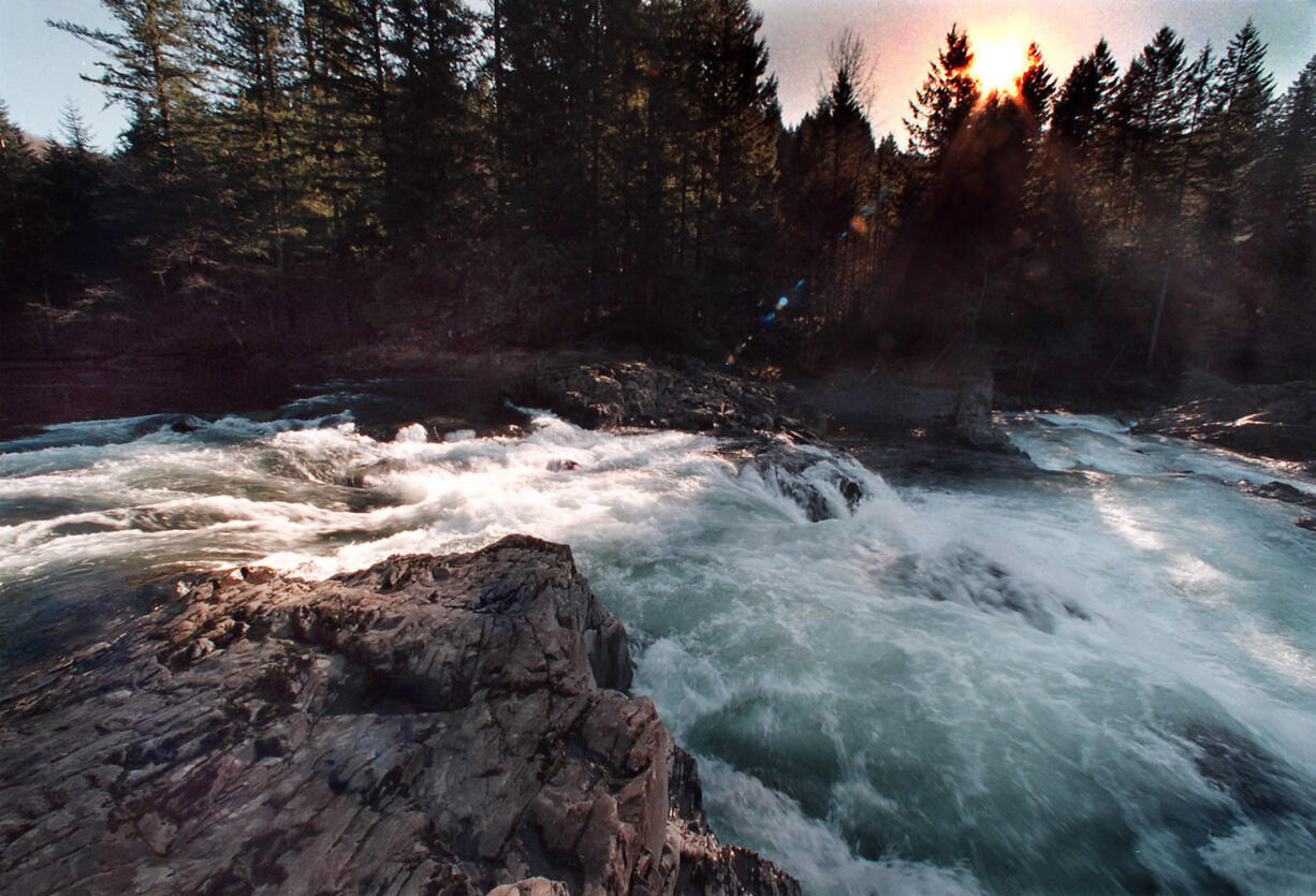 Columbian files
Lucia Falls on the East Fork of the Lewis River churns around its narrow bend of lava rock as the sun shines through tall conifers, dappling the deep shadows with brilliant highlights.