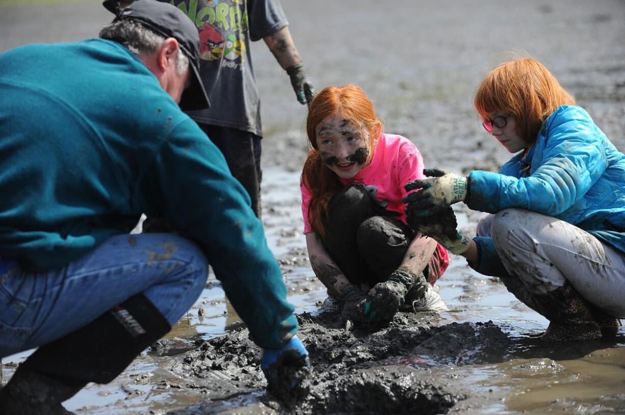 Volunteer Steve Tuckerman, left, helps Wade King Elementary School third-graders Amanda Davis, 9, and Rhianna Johnson, 9, dig for clams in North Chuckanut Bay.