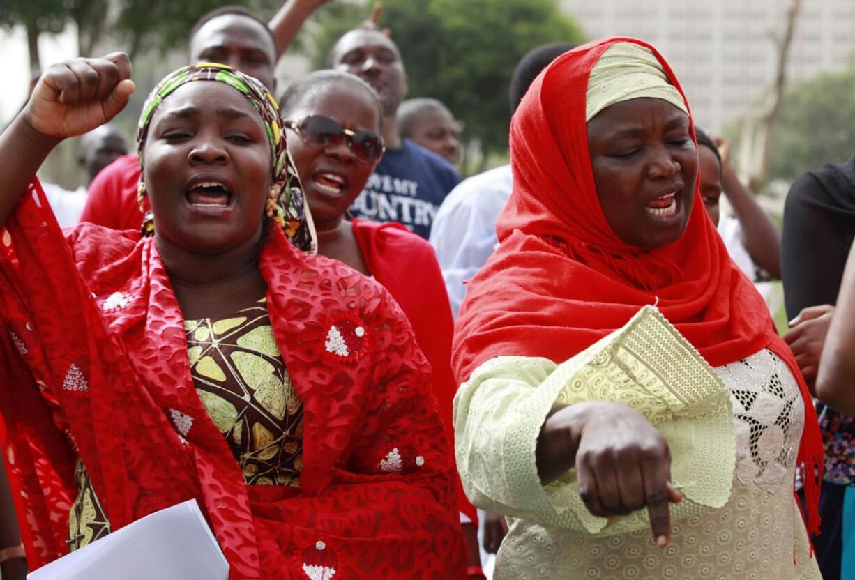 Women shout slogans Sunday during a rally in Abuja, Nigeria, calling on Nigerian leaders to rescue the schoolgirls who were kidnapped April 15 from the Chibok Government secondary school.