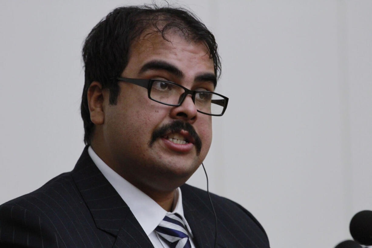 Arturo Pierre Martinez, of El Paso, Texas, speaks Sunday during a press conference in Pyongyang.