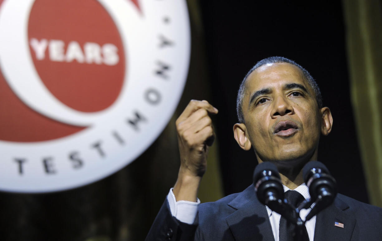 President Barack Obama speaks at the USC Shoah Foundationis 20th anniversary Ambassadors for Humanity gala in Los Angeles on Wednesday.