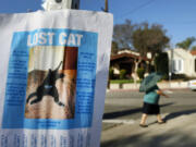 A flier seeking a lost cat is posted on a street corner in the Highland Park area of Los Angeles. The search for your feline friend tends to be tougher going than if you had lost a dog, experts say.