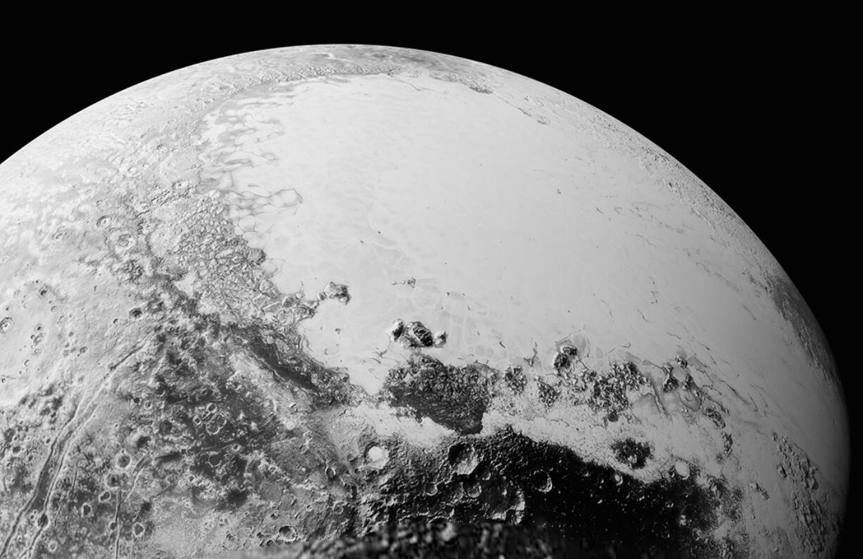 A synthetic perspective view of Pluto, based on the latest high-resolution images to be downlinked from NASA's New Horizons spacecraft. The new close-up images of Pluto reveal an even more diverse landscape than scientists imagined before New Horizons swept past Pluto in July.