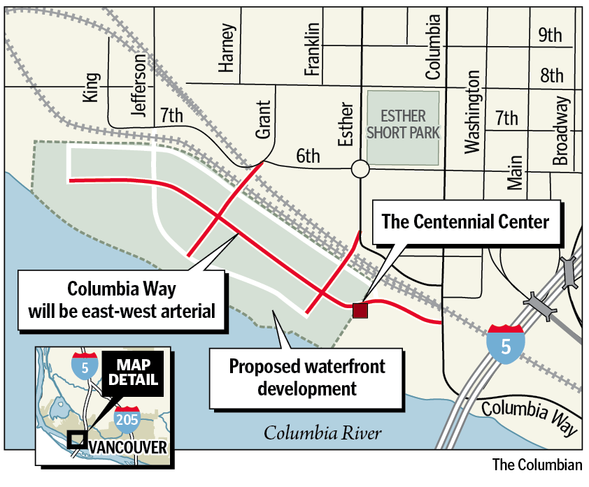 Map: Possible Columbia Way construction route if curve around the Centennial Center is necessary.